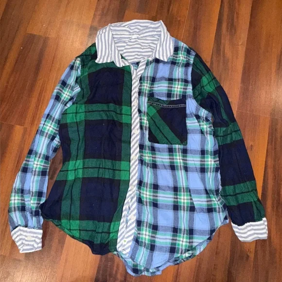 Aerie Striped Shirt and Short Pajama Set in Blue and Green Plaid Size Large - Picture 2 of 4